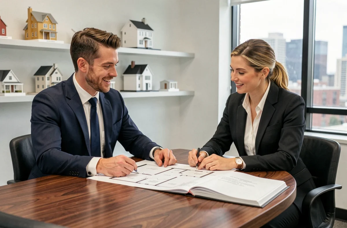 Deux professionnels de l'immobilier de prestige analysant un rapport d'estimation détaillé dans un bureau d'agence haut de gamme