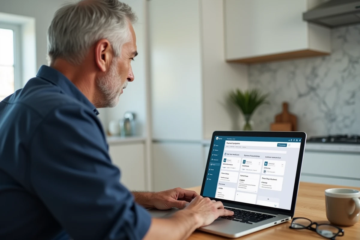 Homme propriétaire analysant les différentes rubriques de son interface de gestion locative sur un ordinateur portable dans une cuisine