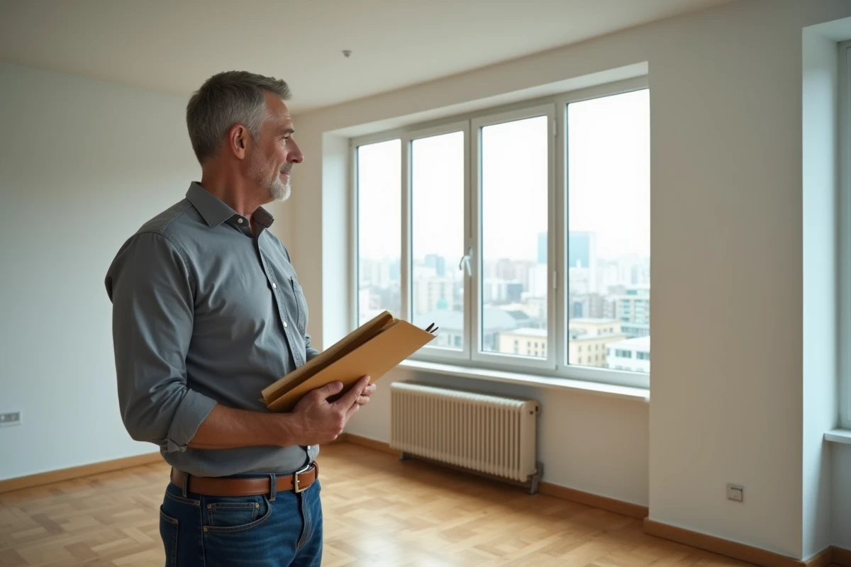 Propriétaire bailleur tenant des documents dans un appartement vide évaluant une garantie de loyer bancaire