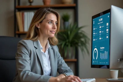 Propriétaire immobilière consultant le tableau de bord de son espace propriétaire sur un écran d'ordinateur dans un bureau moderne