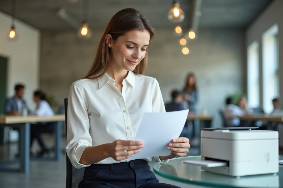 Femme propriétaire imprimant un document récupéré depuis son espace myfoncia dans un espace de coworking