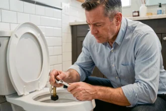 Propriétaire inspectant le robinet flotteur d'une chasse d'eau dans une salle de bain carrelée
