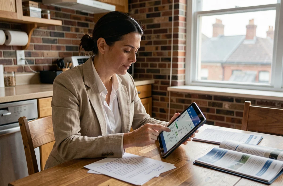 Propriétaire non occupante comparant les tarifs d'assurance PNO sur une tablette dans un appartement urbain