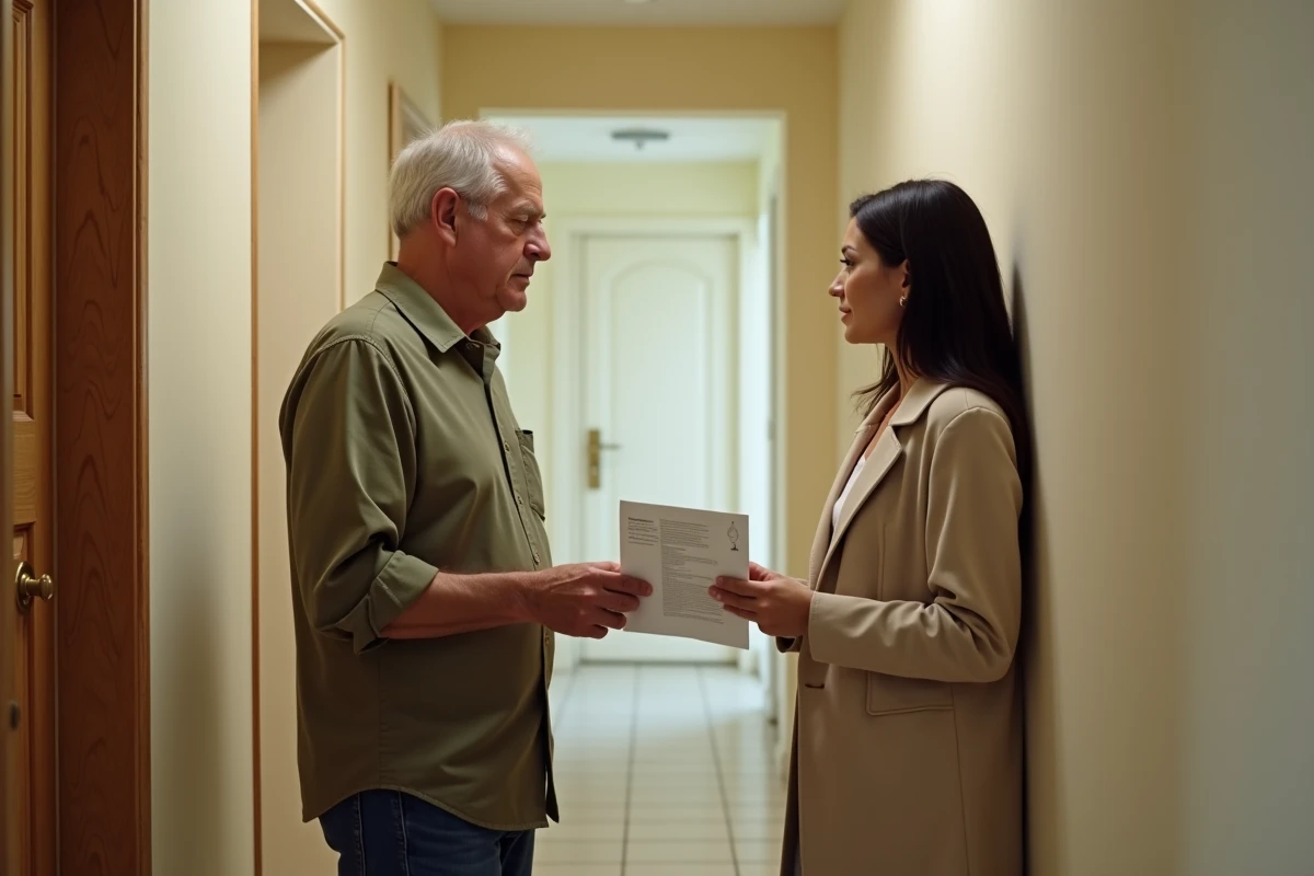 Propriétaire remettant un document d'accord de visite à son locataire dans le couloir d'un appartement