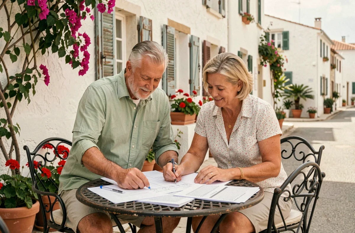 Couple de propriétaires étudiant des plans de rénovation devant une maison de bord de mer dans un village touristique