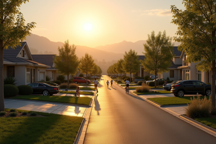 Quartier moderne en banlieue au lever du soleil avec familles et nature