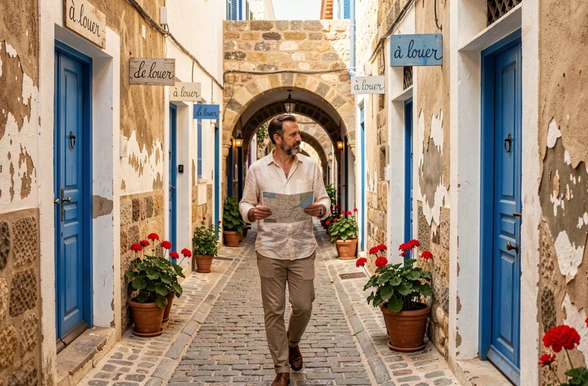 Homme européen cherchant une location chez un particulier dans les ruelles de la médina d'Essaouira en 2026