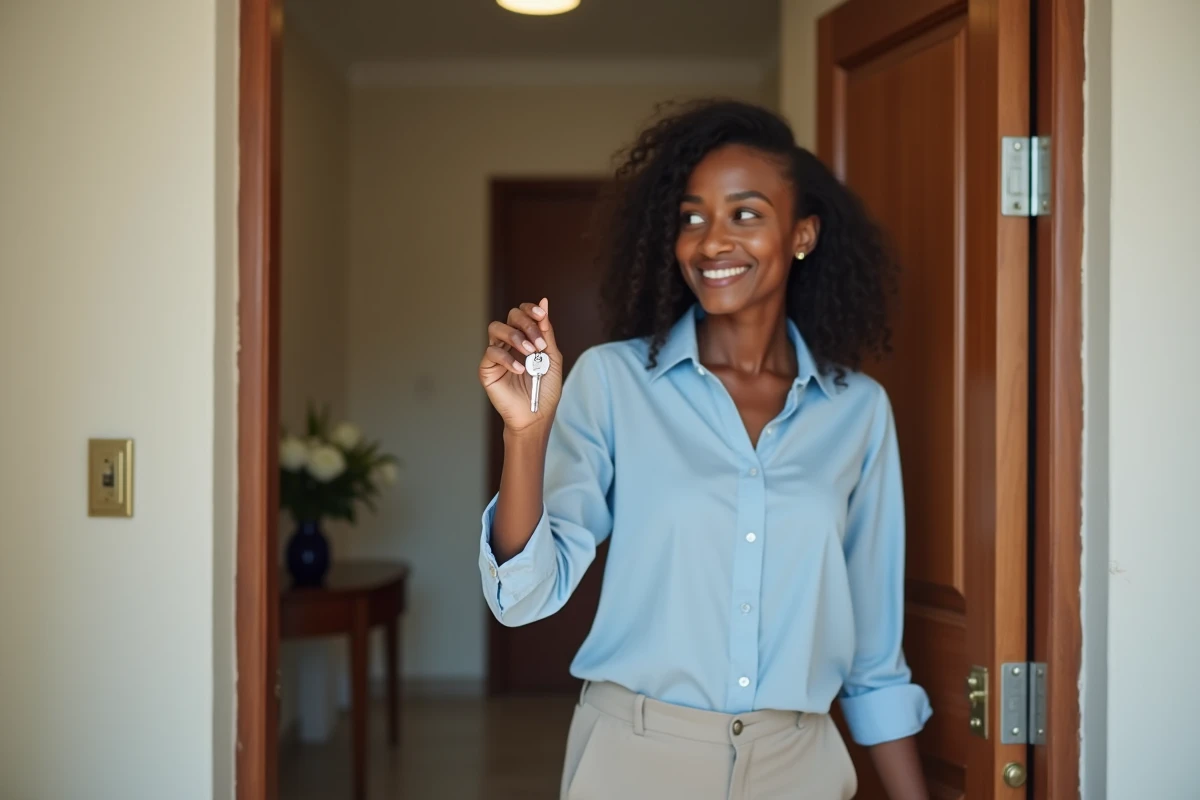 Femme professionnelle tenant les clés d'un appartement meublé clé en main à Abidjan