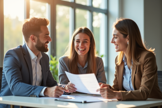 Jeune couple rencontrant un conseiller financier dans un bureau lumineux