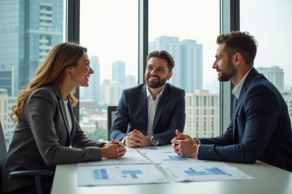 Jeune couple rencontre conseiller immobilier dans un bureau moderne