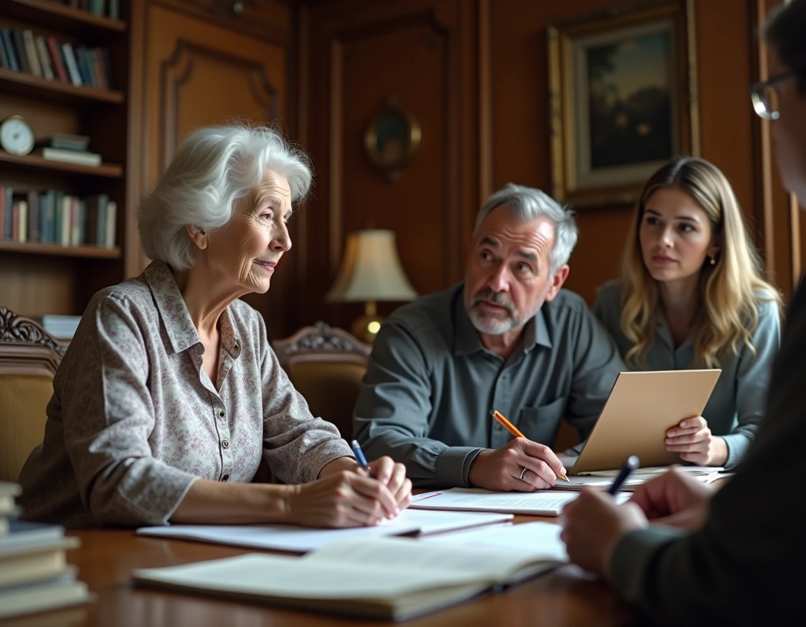 Famille multigénérationnelle réunie autour d'un notaire pour des démarches familiales lors d'un rendez-vous gratuit