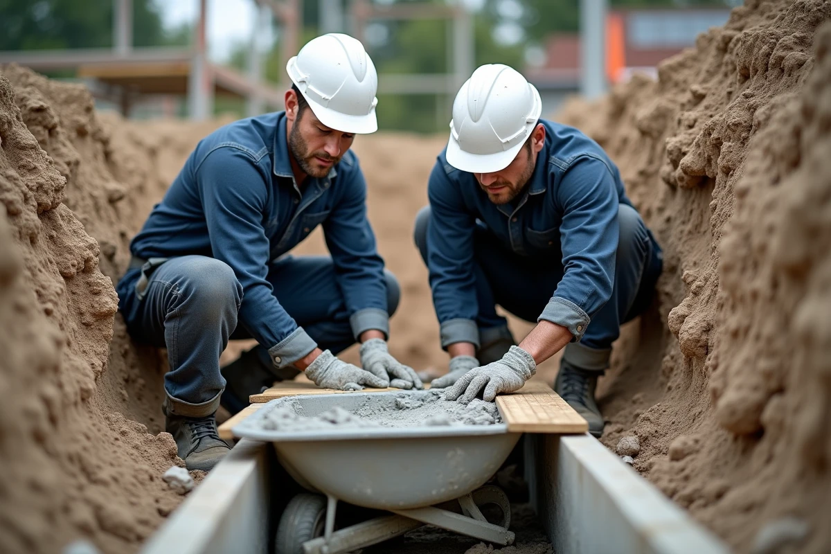Ouvriers réalisant une reprise sous oeuvre dans une tranchée d'excavation contre des fondations en béton