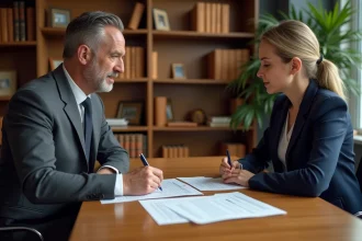 Deux professionnels négociant une résiliation amiable de bail commercial autour d'un contrat imprimé dans un bureau notarial
