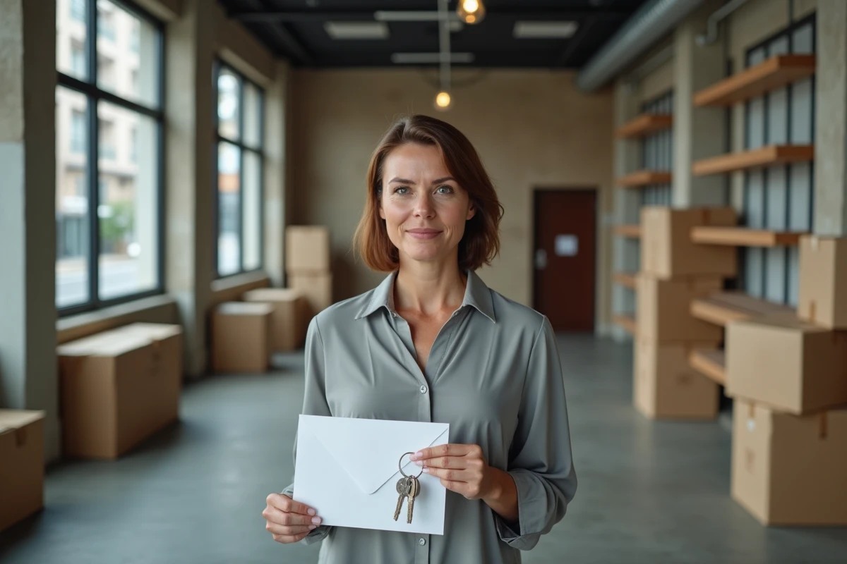 Locataire commerciale tenant une lettre de résiliation légale et des clés dans un local commercial vide en cours de libération