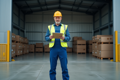 Manager d'entrepot en tenue de securite examine un clipboard