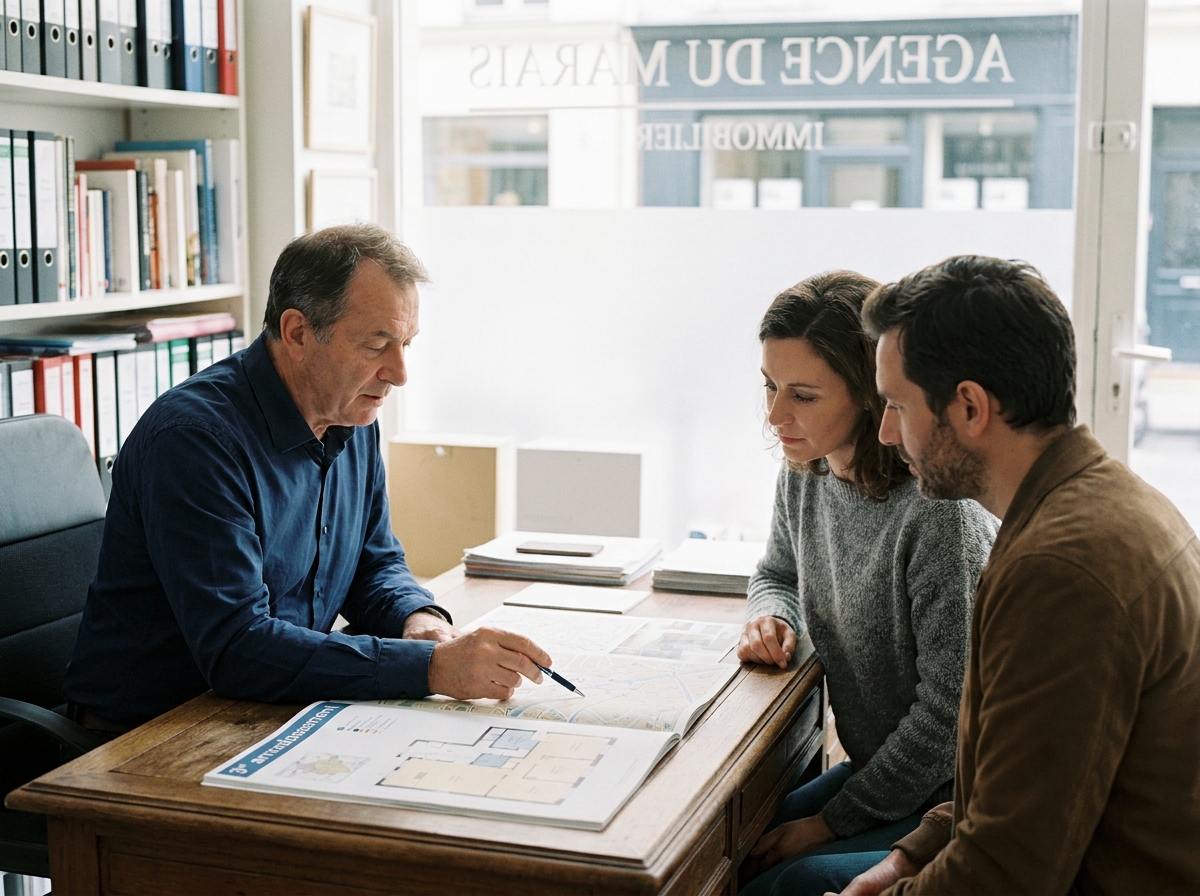 Couple en réunion avec un agent immobilier pour un projet d'investissement locatif dans le 3e arrondissement