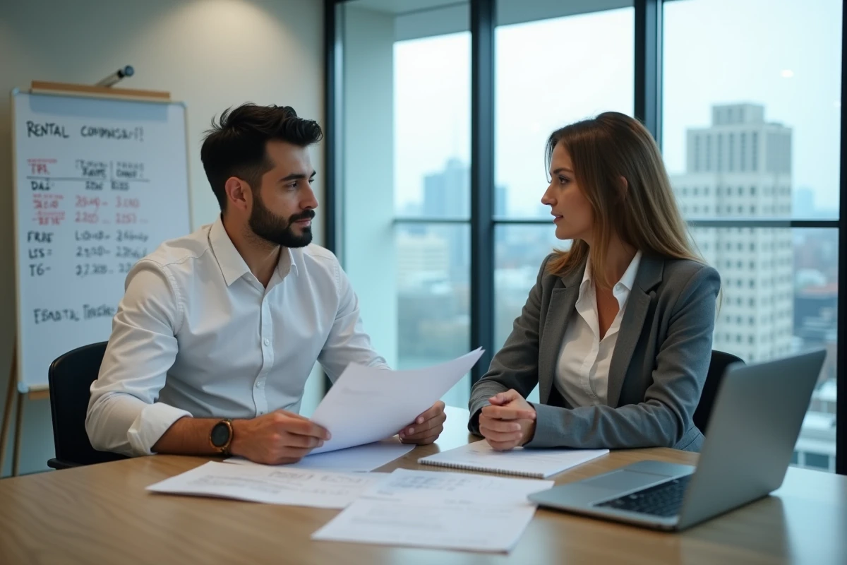 Deux professionnels discutant de l'indexation d'un bail en salle de réunion dans un espace coworking