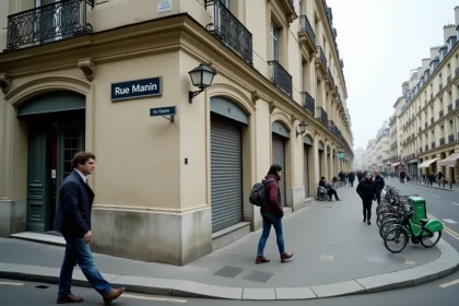 Vue de la rue Manin dans le 19e arrondissement de Paris avec immeuble haussmannien et panneau de rue
