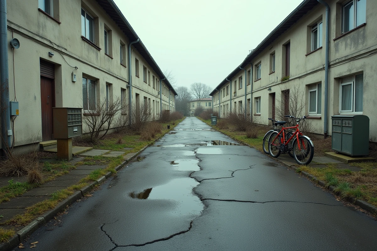 Vue de rue d'un quartier résidentiel vétuste avec immeubles des années 70 à Champs-sur-Marne
