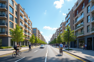 Rue urbaine moderne à Bordeaux ensoleillée avec bâtiments neufs