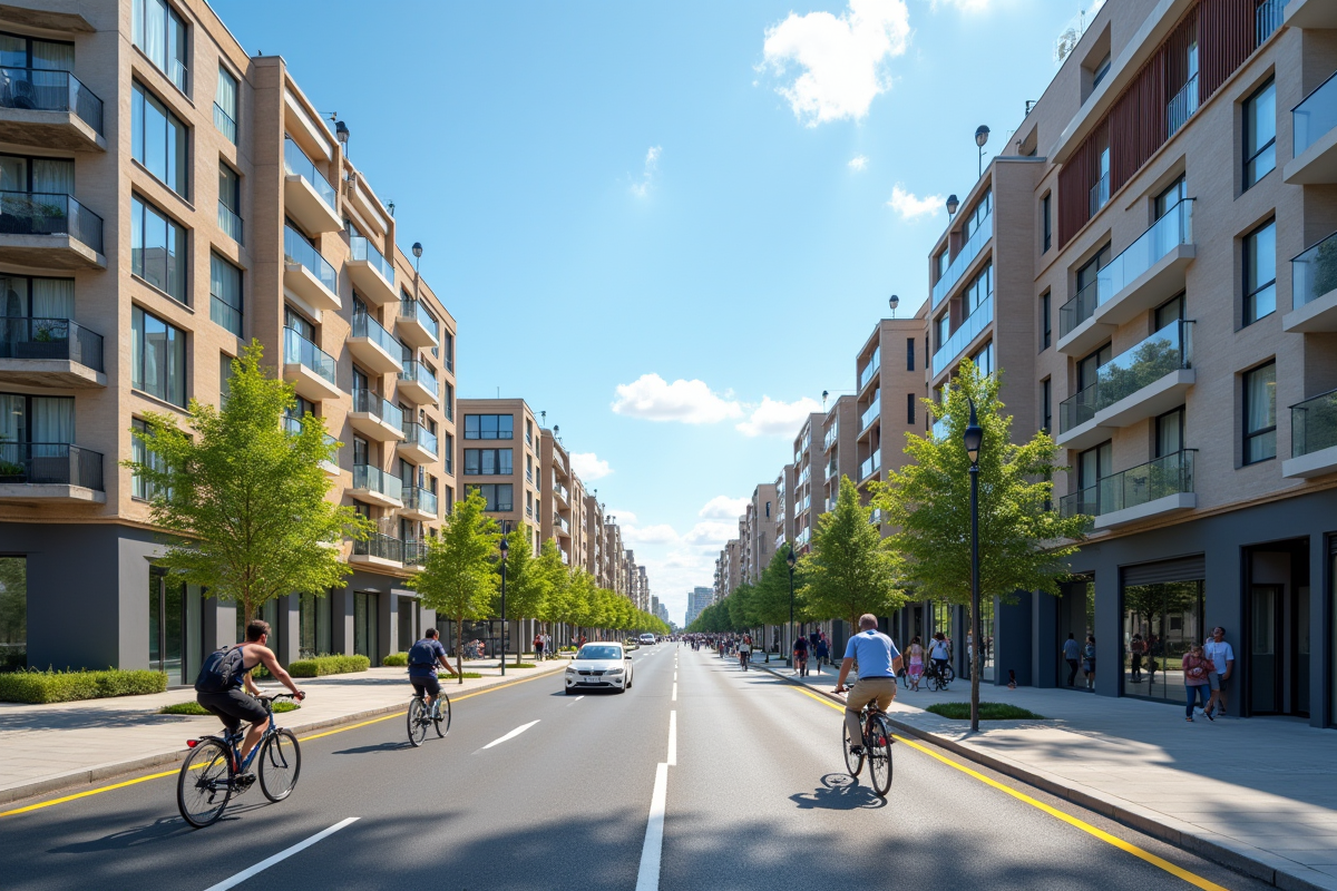 Rue urbaine moderne à Bordeaux ensoleillée avec bâtiments neufs