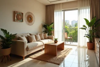 Salon d'un appartement meublé moderne à Abidjan avec canapé beige, table basse en bois et décoration africaine