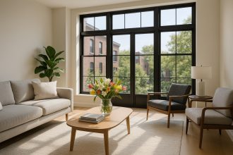 Salon moderne avec fleurs fraîches et grande fenetre