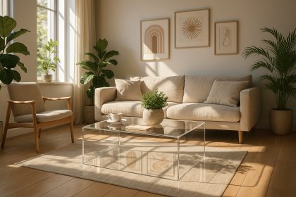 Salon moderne avec table en plexiglas et plantes vertes