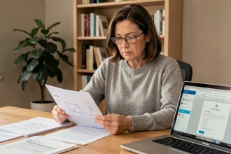 Femme consultant ses documents immobiliers sécurisés sur un portail en ligne depuis son bureau à domicile