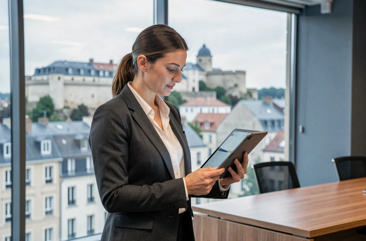 Gestionnaire Sergic à Besançon consultant un plan de copropriété sur tablette avec la Citadelle en arrière-plan