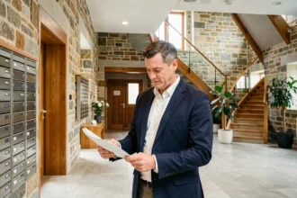 Syndic de copropriété professionnel dans un immeuble de Bourgogne-Franche-Comté consultant des documents de gestion