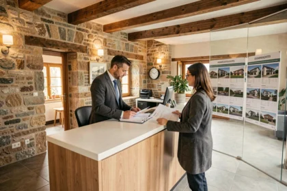 Un syndic de copropriété dans les Pyrénées-Atlantiques accueillant un client dans un bureau professionnel moderne