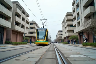 Tramway moderne traversant une avenue rénovée du Havre avec immeubles Perret en arrière-plan