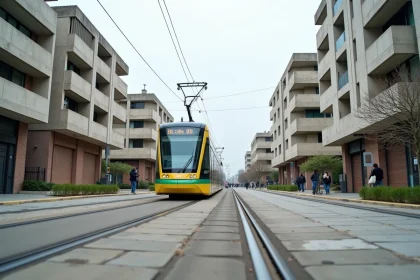 Tramway moderne traversant une avenue rénovée du Havre avec immeubles Perret en arrière-plan