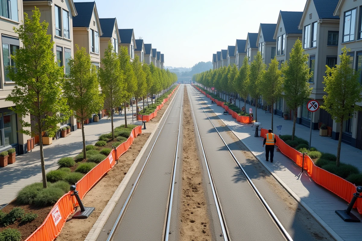 Vue en hauteur d'un quartier du Havre en cours de transformation urbaine le long du tracé du tramway