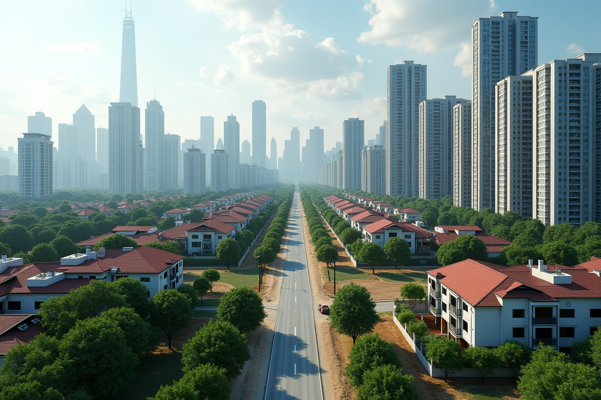 Transition entre ville et banlieue avec chantiers et verdure