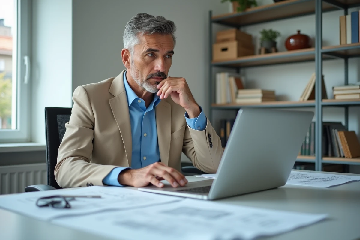 Urbaniste en analyse de permis de construire dans son bureau