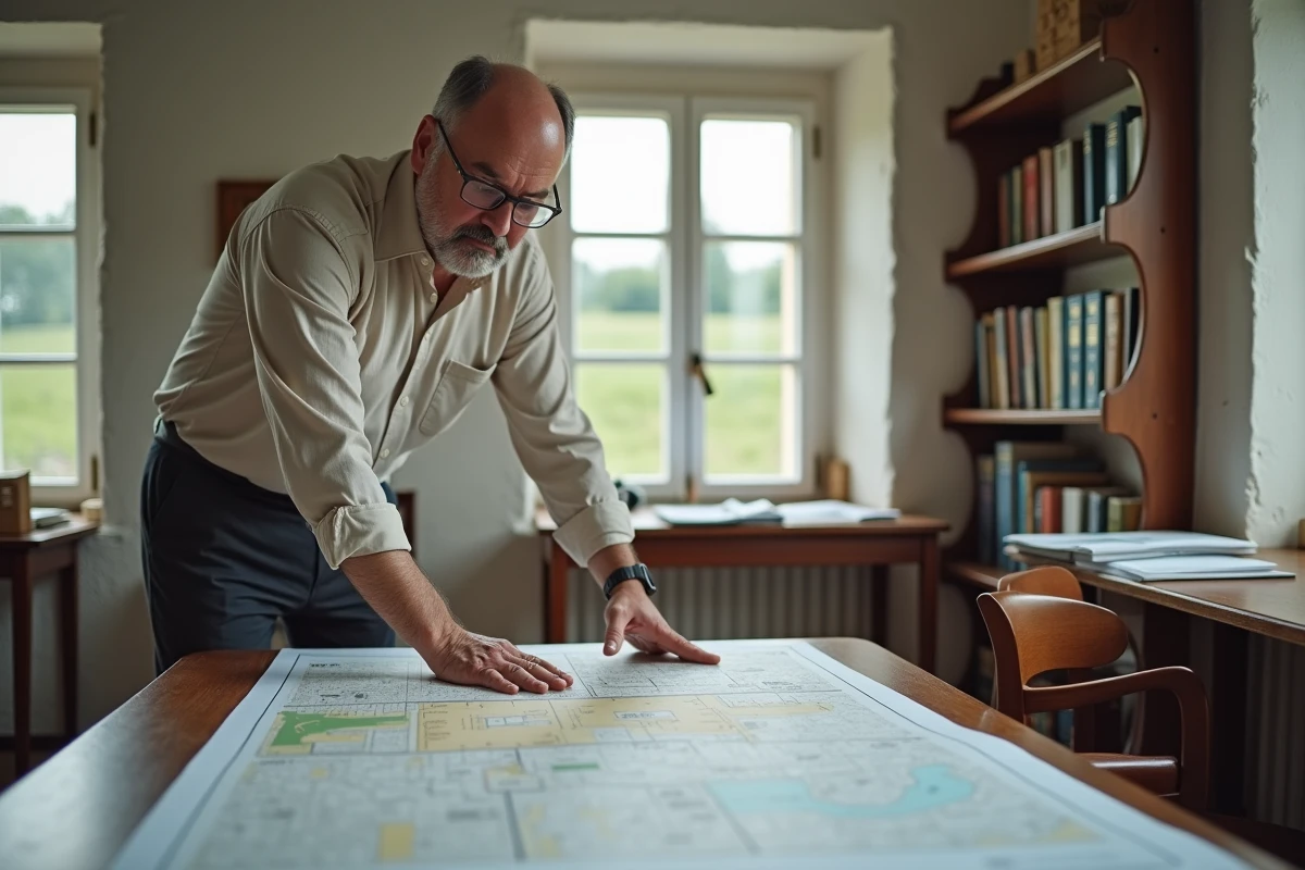 Urbaniste consultant un plan cadastral pour identifier les zones de terrain non constructible en mairie