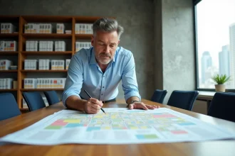 Urbaniste analysant un plan de zonage imprimé sur une grande table de travail dans un bureau municipal moderne