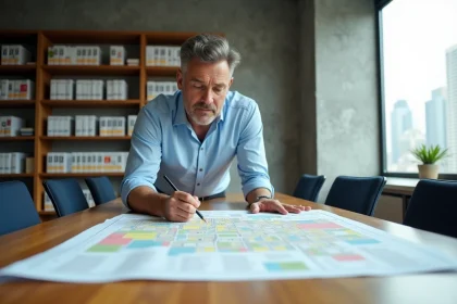 Urbaniste analysant un plan de zonage imprimé sur une grande table de travail dans un bureau municipal moderne