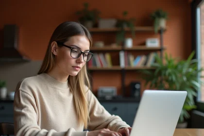 Femme consultant des avis en ligne sur un service de location depuis son appartement, exprimant une opinion authentique