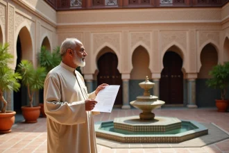Propriétaire d'un riad à Marrakech tenant des documents de vente dans la cour intérieure avec fontaine et zellige traditionnel
