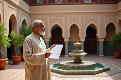 Propriétaire d'un riad à Marrakech tenant des documents de vente dans la cour intérieure avec fontaine et zellige traditionnel