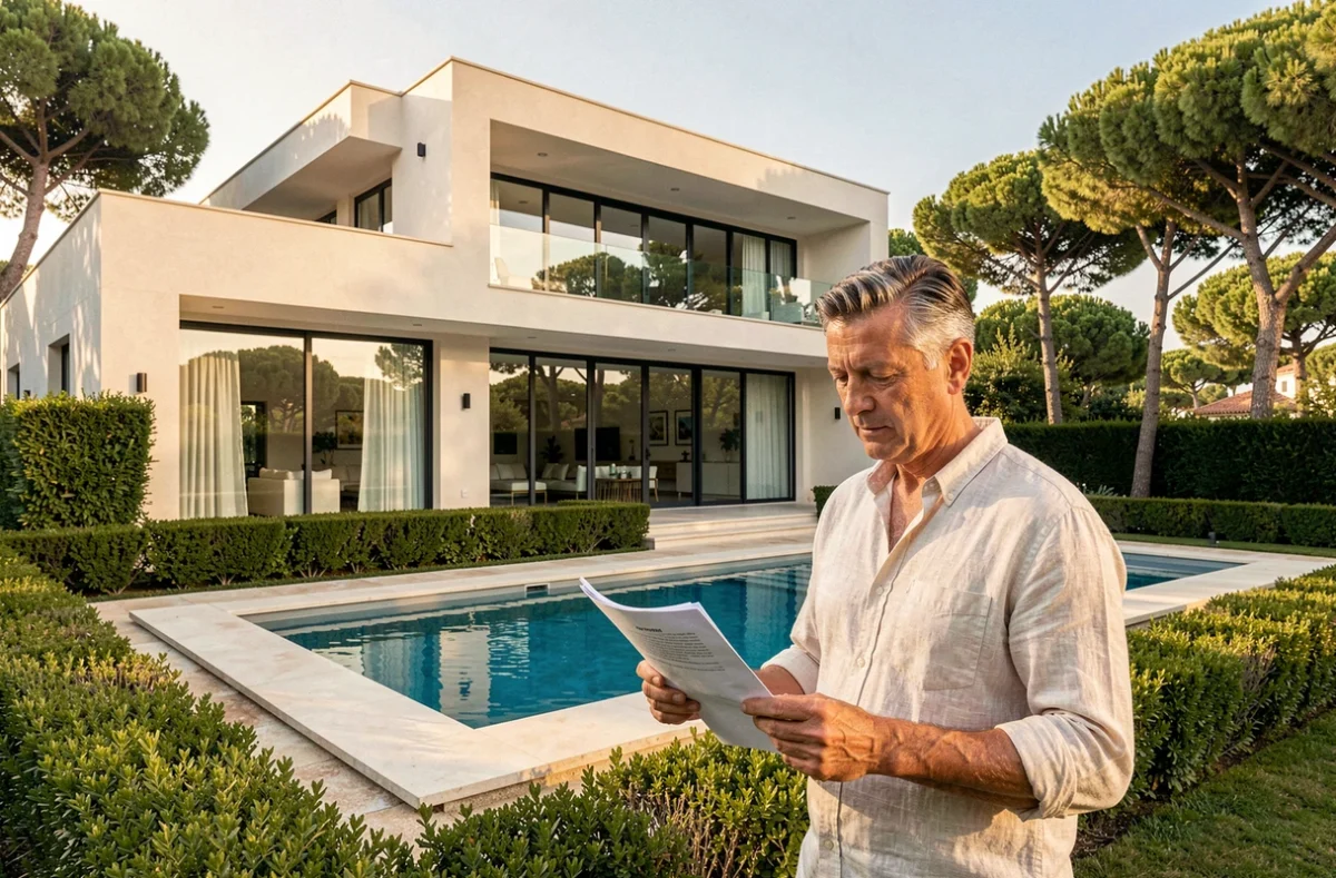 Villa de prestige sur la Côte d'Azur avec propriétaire consultant des documents d'estimation immobilière haut de gamme