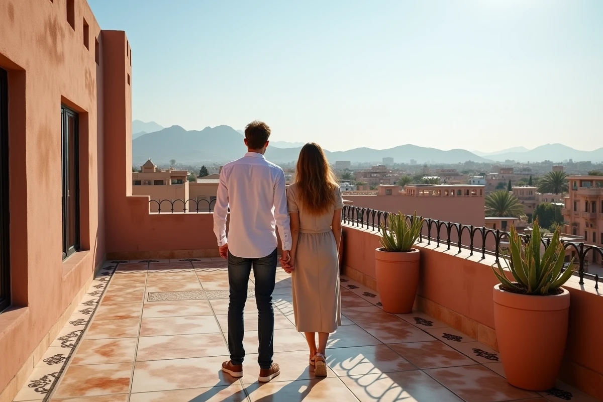 Couple visitant la terrasse d'un appartement déjà construit à Marrakech avec vue sur la médina et les montagnes de l'Atlas