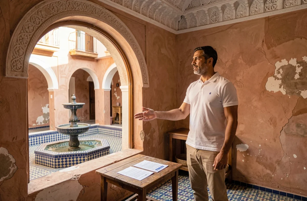 Propriétaire particulier faisant visiter un appartement traditionnel à louer dans un riad d'Essaouira
