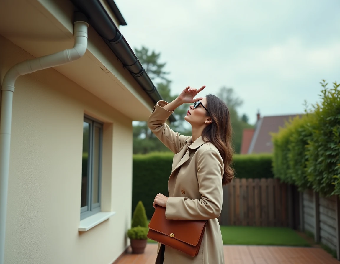 Femme évaluant l'état de la toiture et des gouttières depuis la terrasse d'une maison de particulier