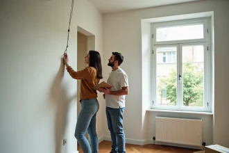 Couple examinant les murs intérieurs d'une maison particulière lors d'une visite immobilière